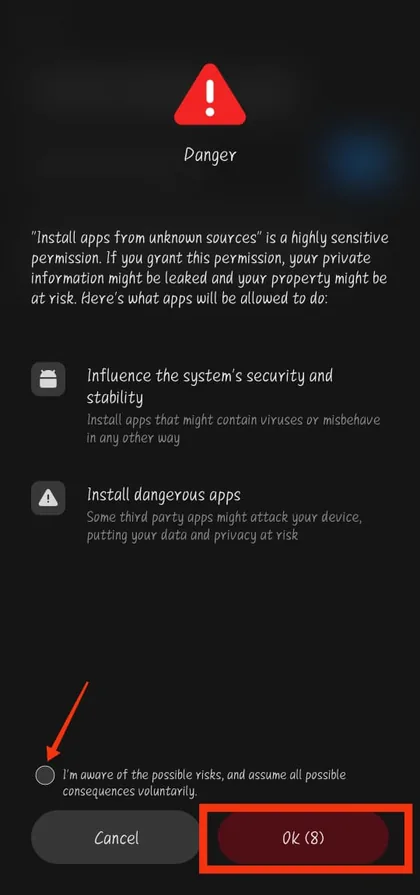 Android “Danger” warning — tick the risk checkbox, then tap OK