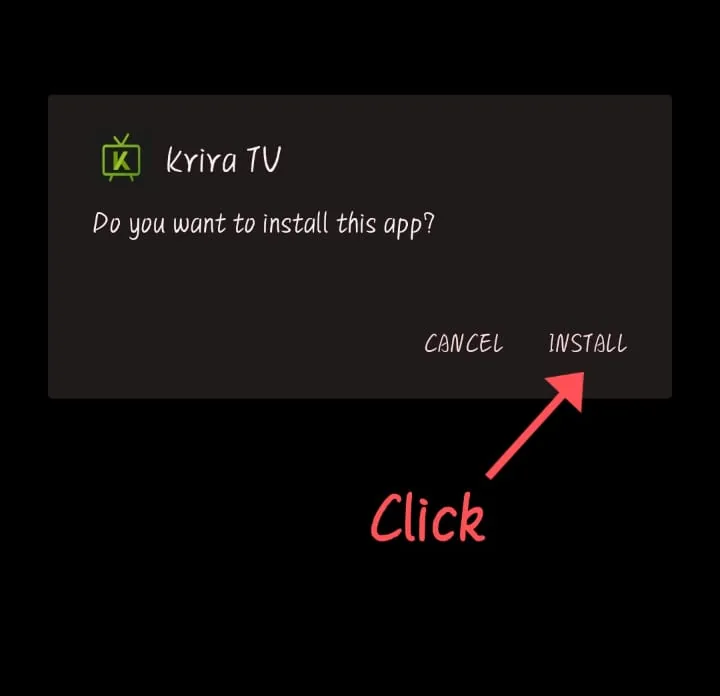 Krira TV installer screen — tap Install