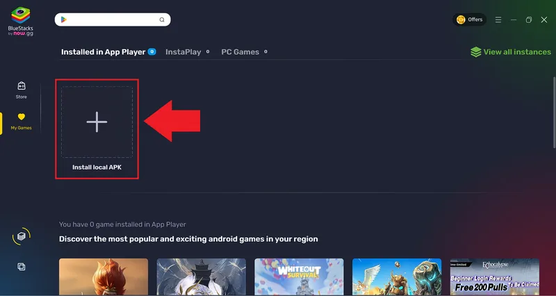 The "Install local APK" tile in the BlueStacks app player