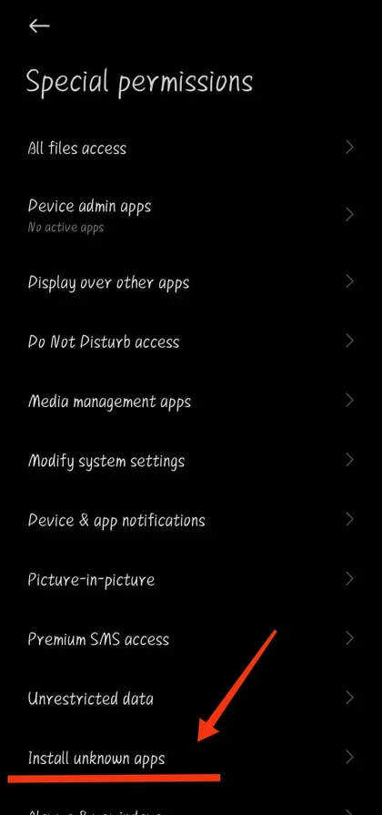 Scroll to “Install unknown apps” under Special permissions