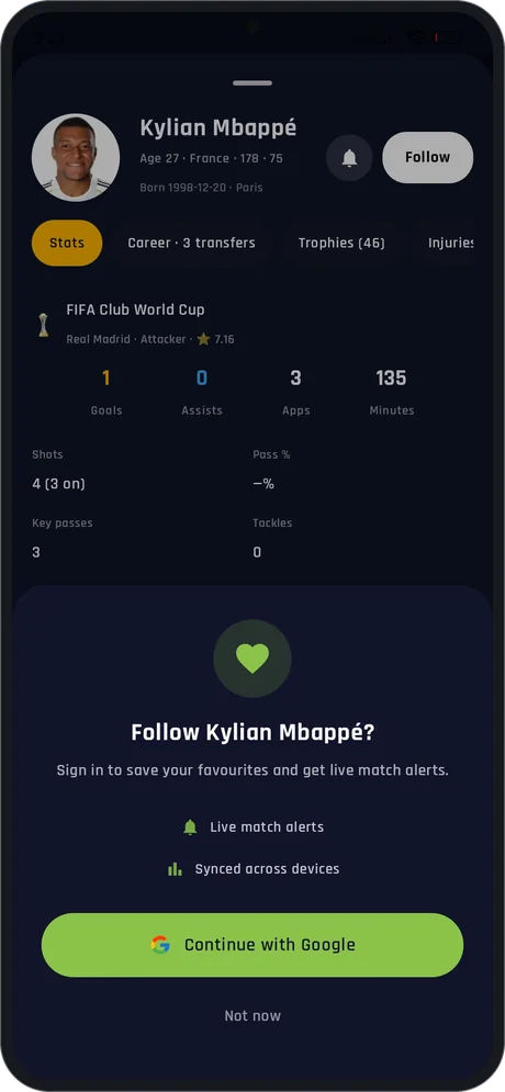 Follow a player to save favourites and get match alerts