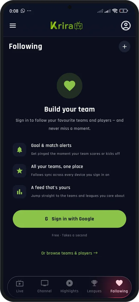 Following tab — build your team list and get goal and kick-off alerts