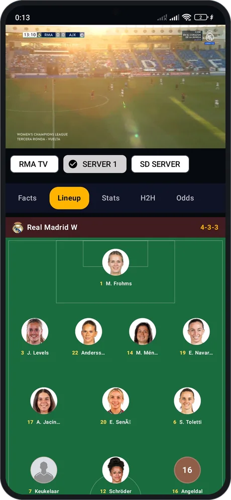 Live match line-ups with RMA TV, Server 1 and SD Server options