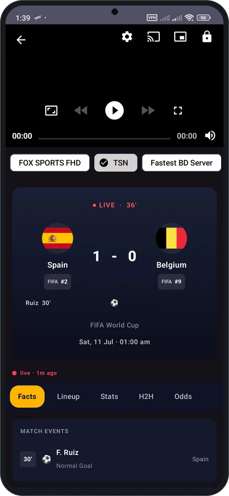 Live World Cup match with FOX Sports FHD, TSN and a Bangladesh server