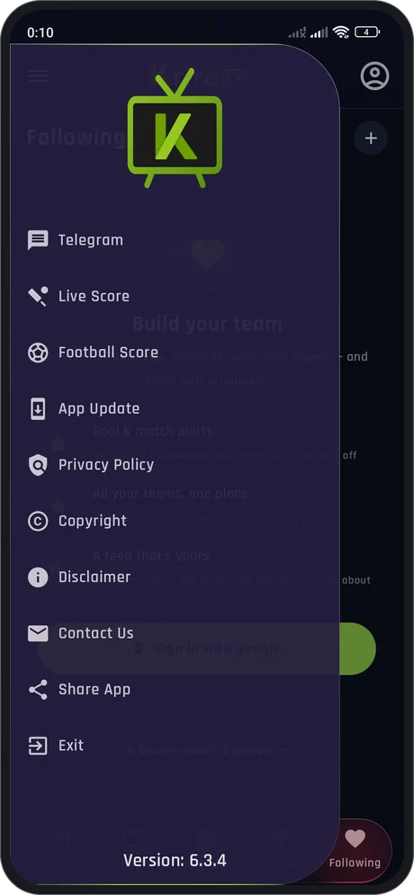 App menu showing Krira TV version 6.3.4, live scores and app update