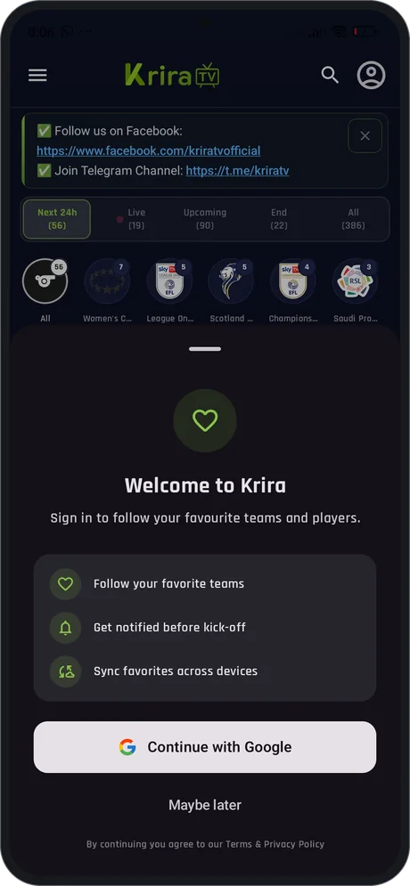 Optional Google sign-in to sync favourite teams across devices