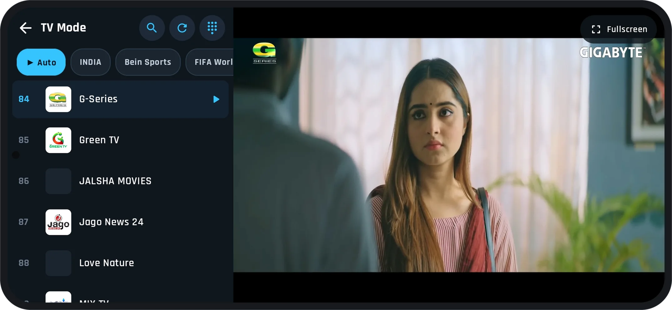 TV Mode playing a live channel with the channel list alongside