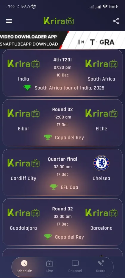 Krira TV match list with fixtures and channel previews