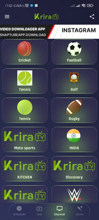 Krira TV sports categories — cricket, football, tennis, golf and rugby