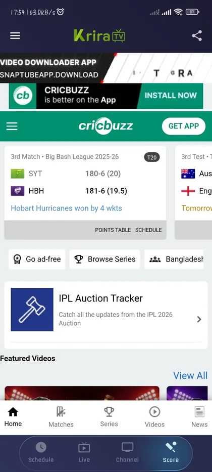 Krira TV showing live scores and the upcoming match schedule