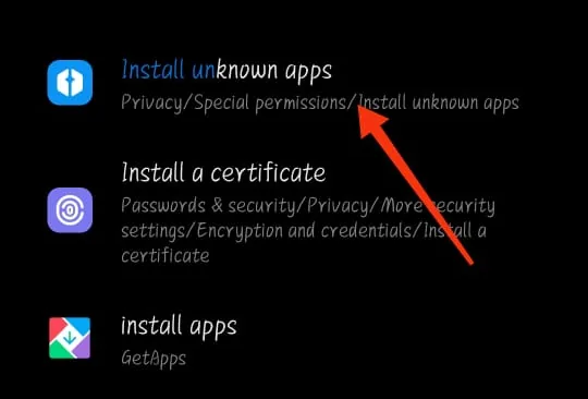 Search Settings for “Install Unknown Apps”