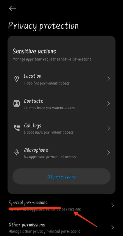 Special permissions screen with “Install unknown apps” highlighted